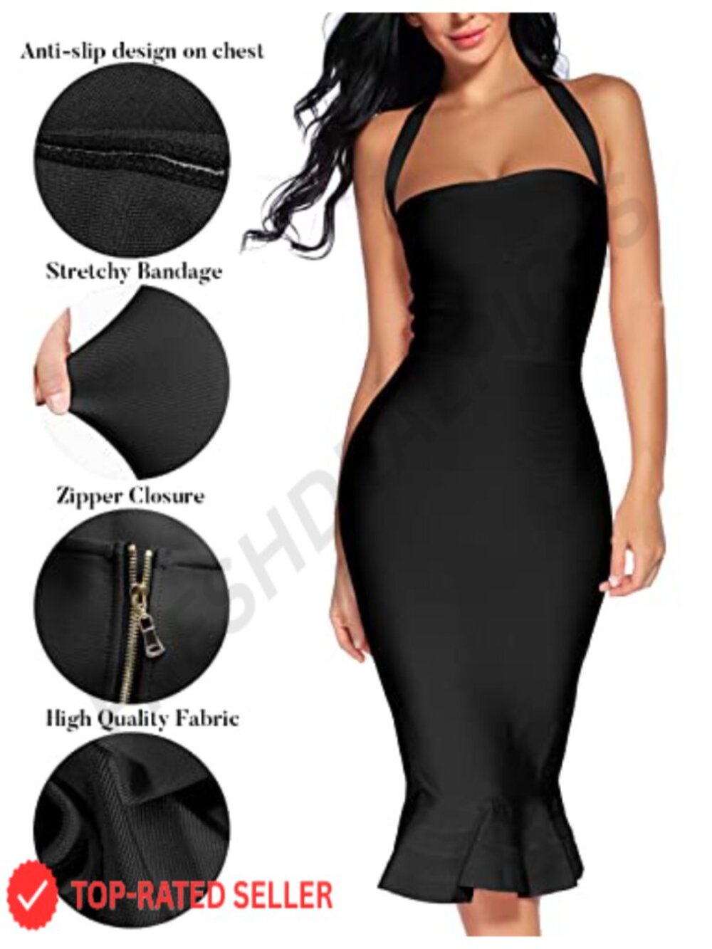 Women's Halter Neck Fishtail Bandage Bodycon Dress, Sleeveless Party Mermaid - Picture 3 of 6